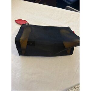 Laura Geller Black Mesh Cosmetic Bag With Yellow And Lip Zipper Tag New